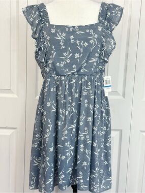 NWT Wallflower Grisaille Blue Floral Ruffle Sleeveless Tie Mini Dress XL